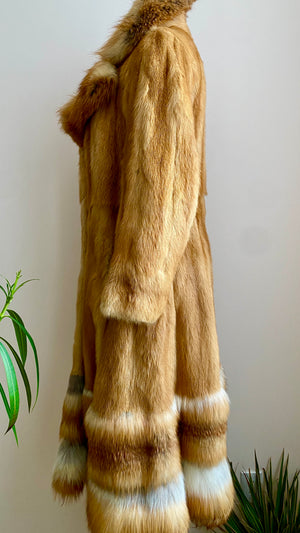 Vintage Hollywood style 1970s Red Fox Fur Penny Lane Coat with Belt and Notch Collar size SM