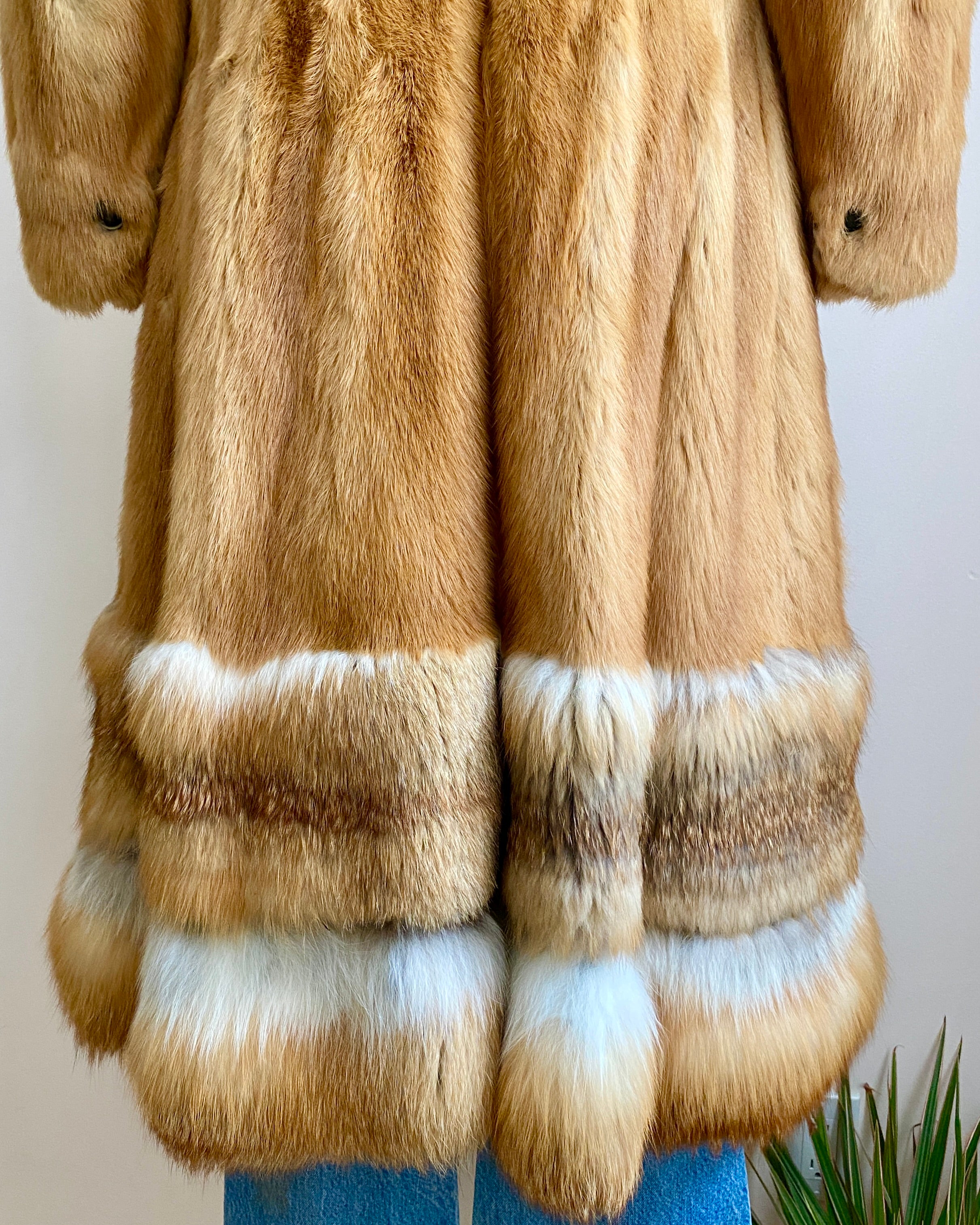 Vintage Hollywood style 1970s Red Fox Fur Penny Lane Coat with Belt and Notch Collar size SM