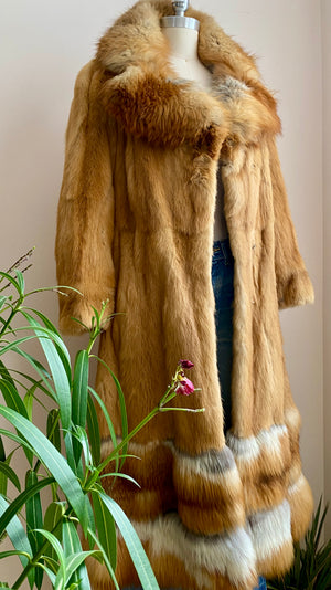 Vintage Hollywood style 1970s Red Fox Fur Penny Lane Coat with Belt and Notch Collar size SM