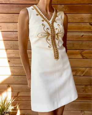 Vintage 1960s The House of NU-MODE White Crepe Mod Go-go Aline Mini Caftan Dress With Gold Cord Embroidery Size S