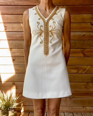 Vintage 1960s The House of NU-MODE White Crepe Mod Go-go Aline Mini Caftan Dress With Gold Cord Embroidery Size S