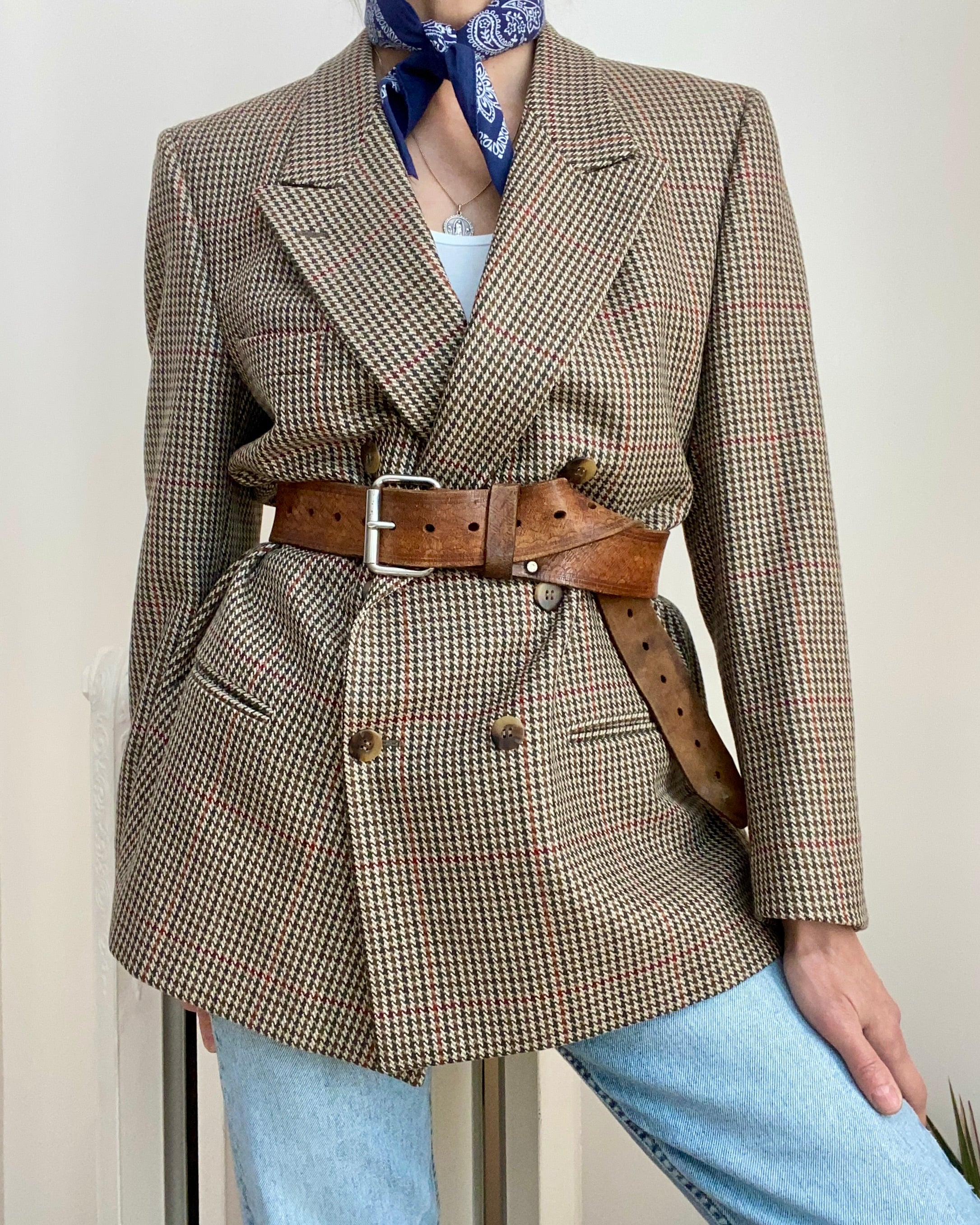 Vintage Double Breasted Brown and Green Wool Houndstooth Blazer L