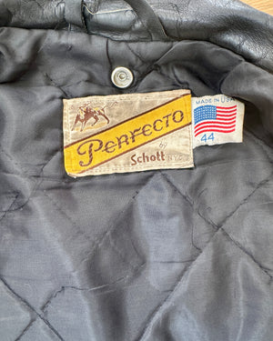 Vintage 1980s Black SCHOTT PERFECTO 115 Biker Motorcycle Heavy Weight Leather Jacket with Lace Ups and Logo Snaps 44 Made in USA