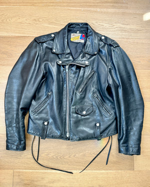Vintage 1980s Black SCHOTT PERFECTO 115 Biker Motorcycle Heavy Weight Leather Jacket with Lace Ups and Logo Snaps 44 Made in USA