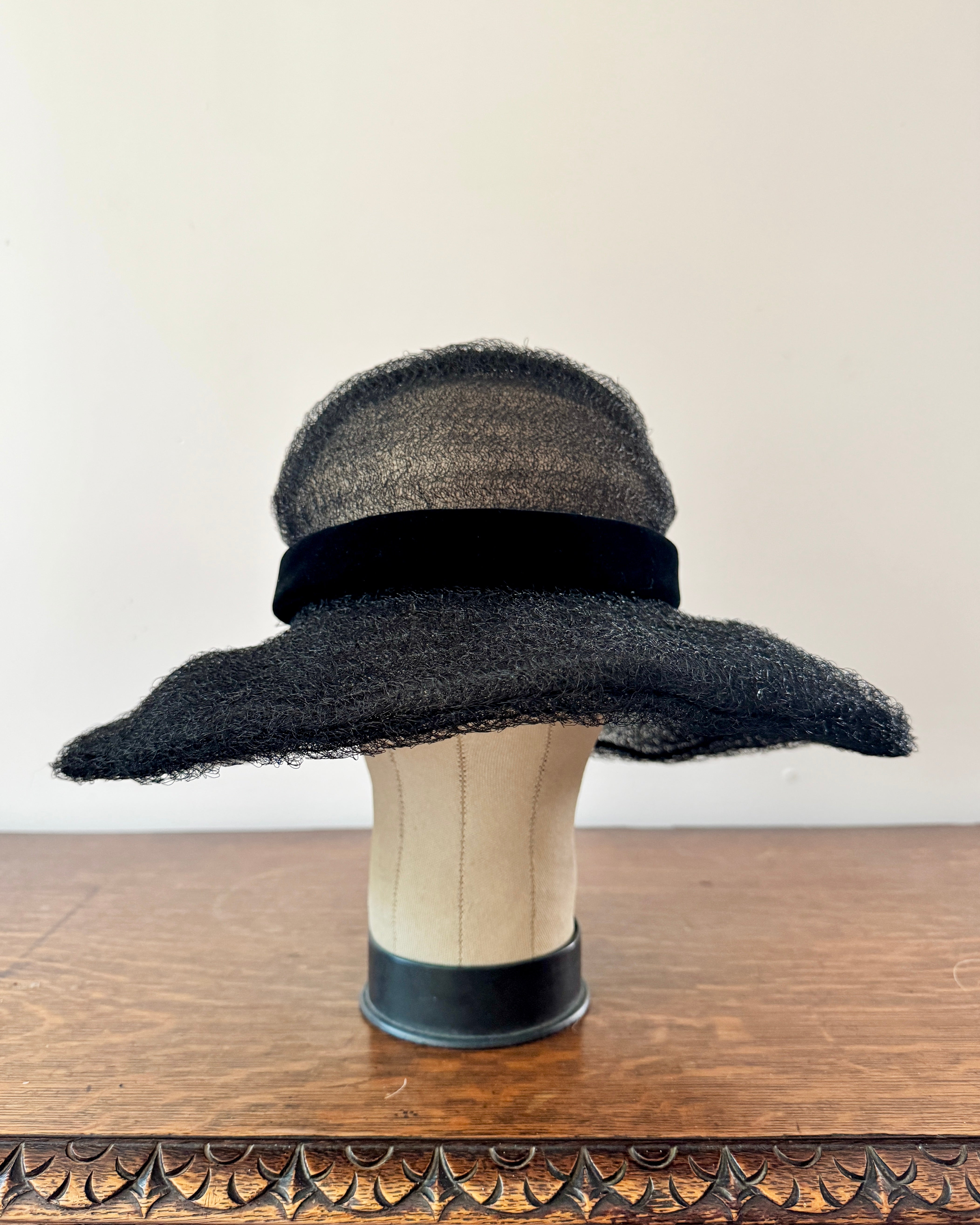 Vintage Irene Handmade Black Synthetic Horsehair Wide Brim Hat 1960s