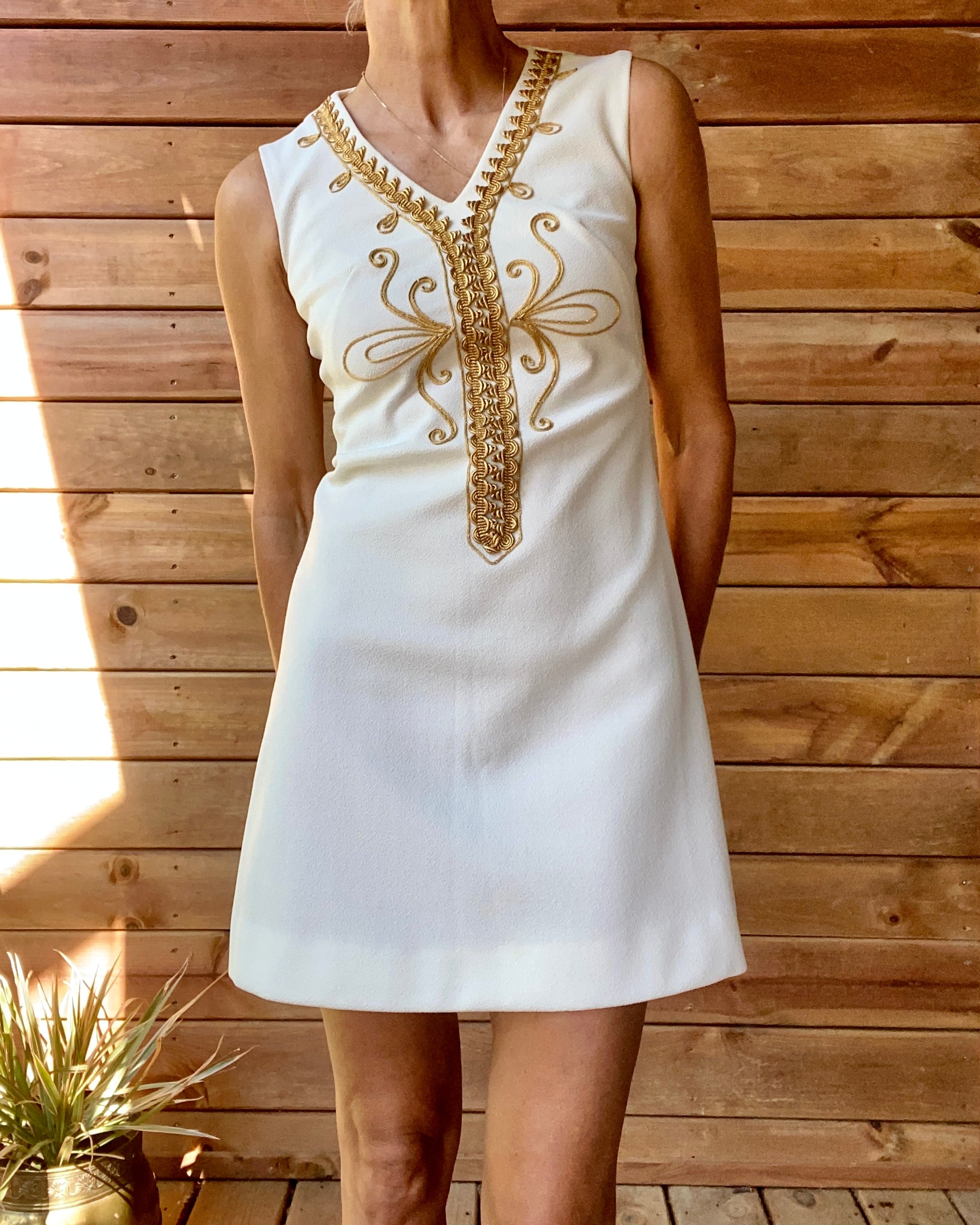 Vintage 1960s The House of NU-MODE White Crepe Mod Go-go Aline Mini Caftan Dress With Gold Cord Embroidery Size S