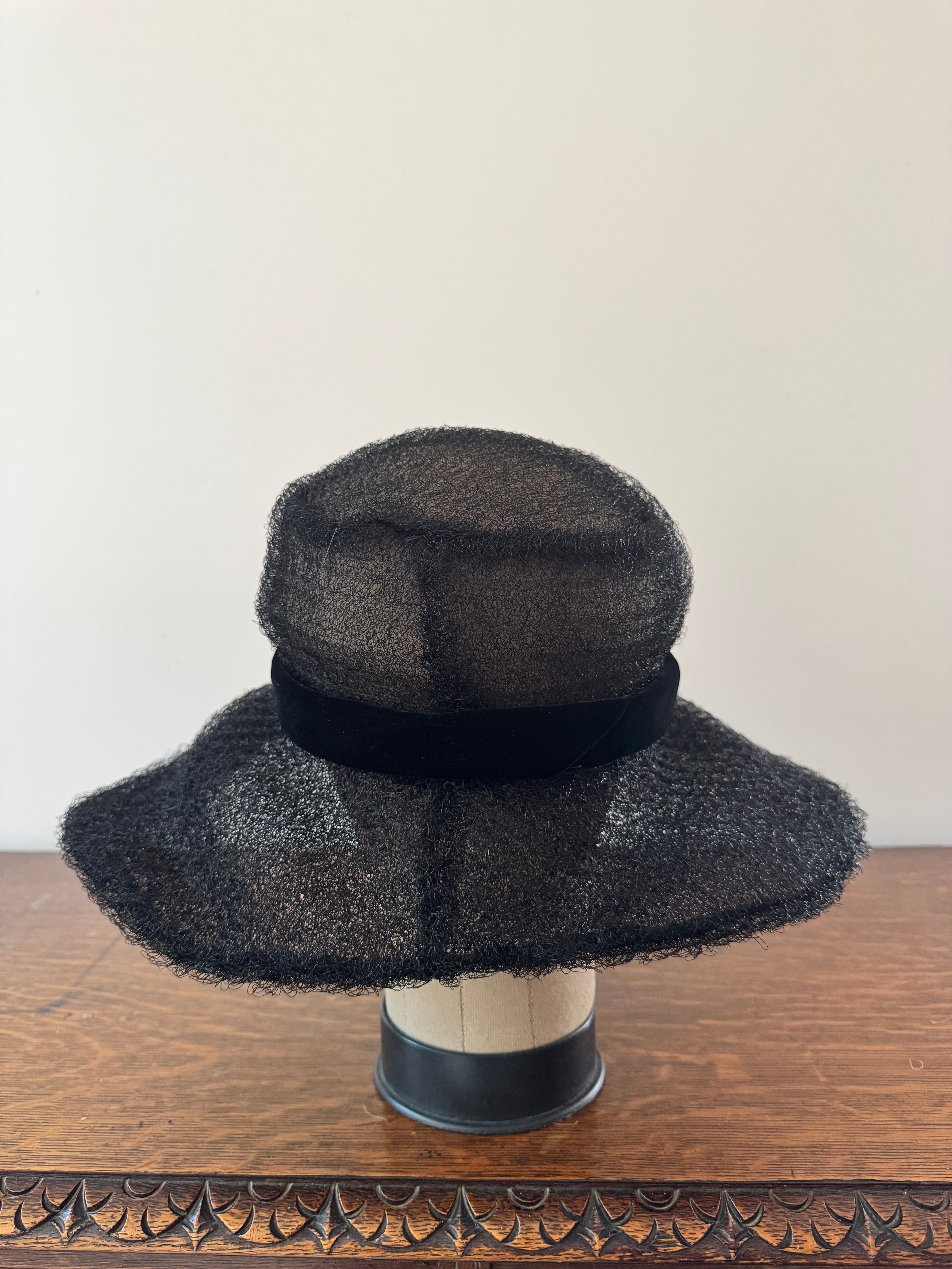 Vintage Irene Handmade Black Synthetic Horsehair Wide Brim Hat 1960s