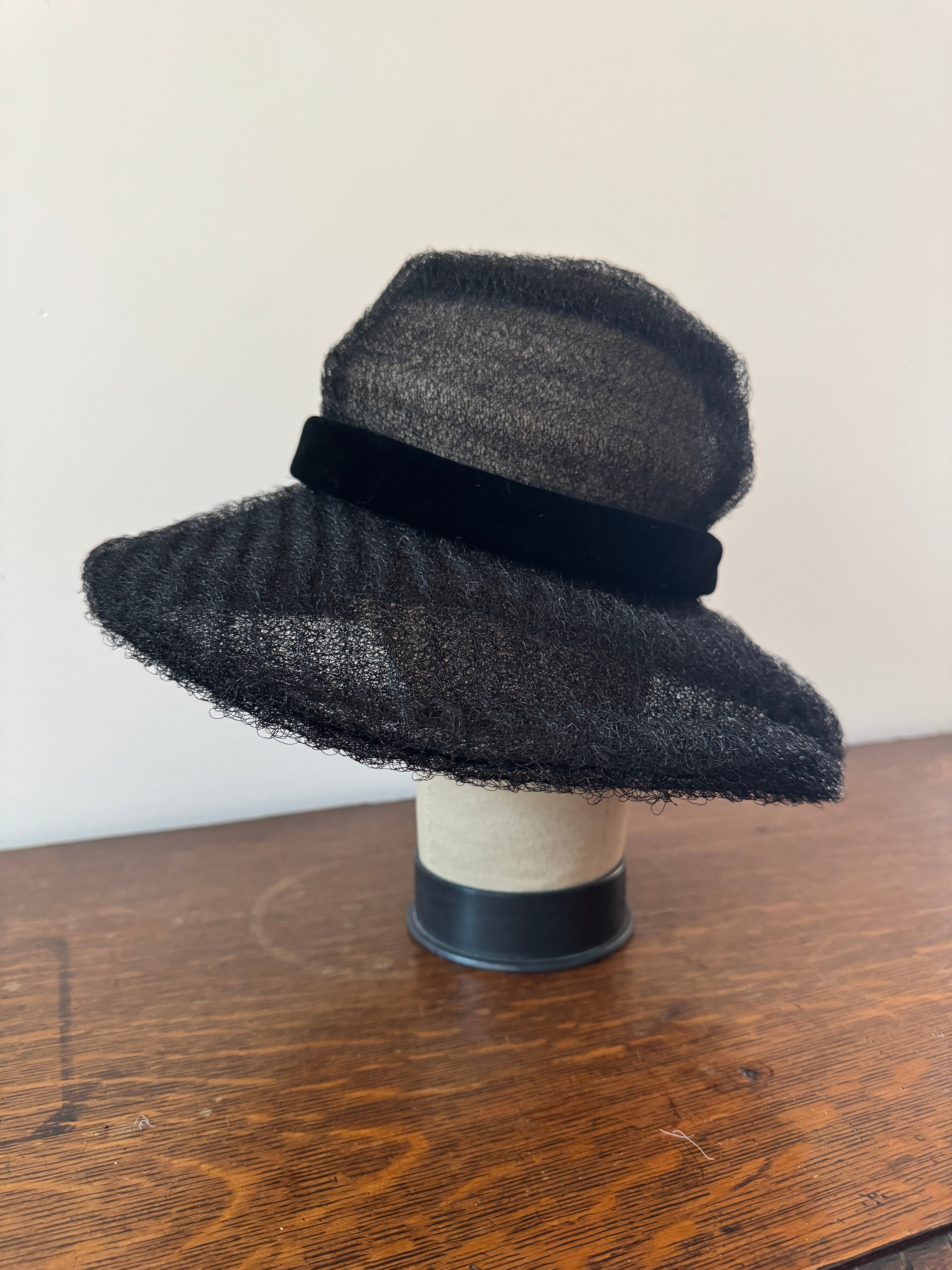 Vintage Irene Handmade Black Synthetic Horsehair Wide Brim Hat 1960s