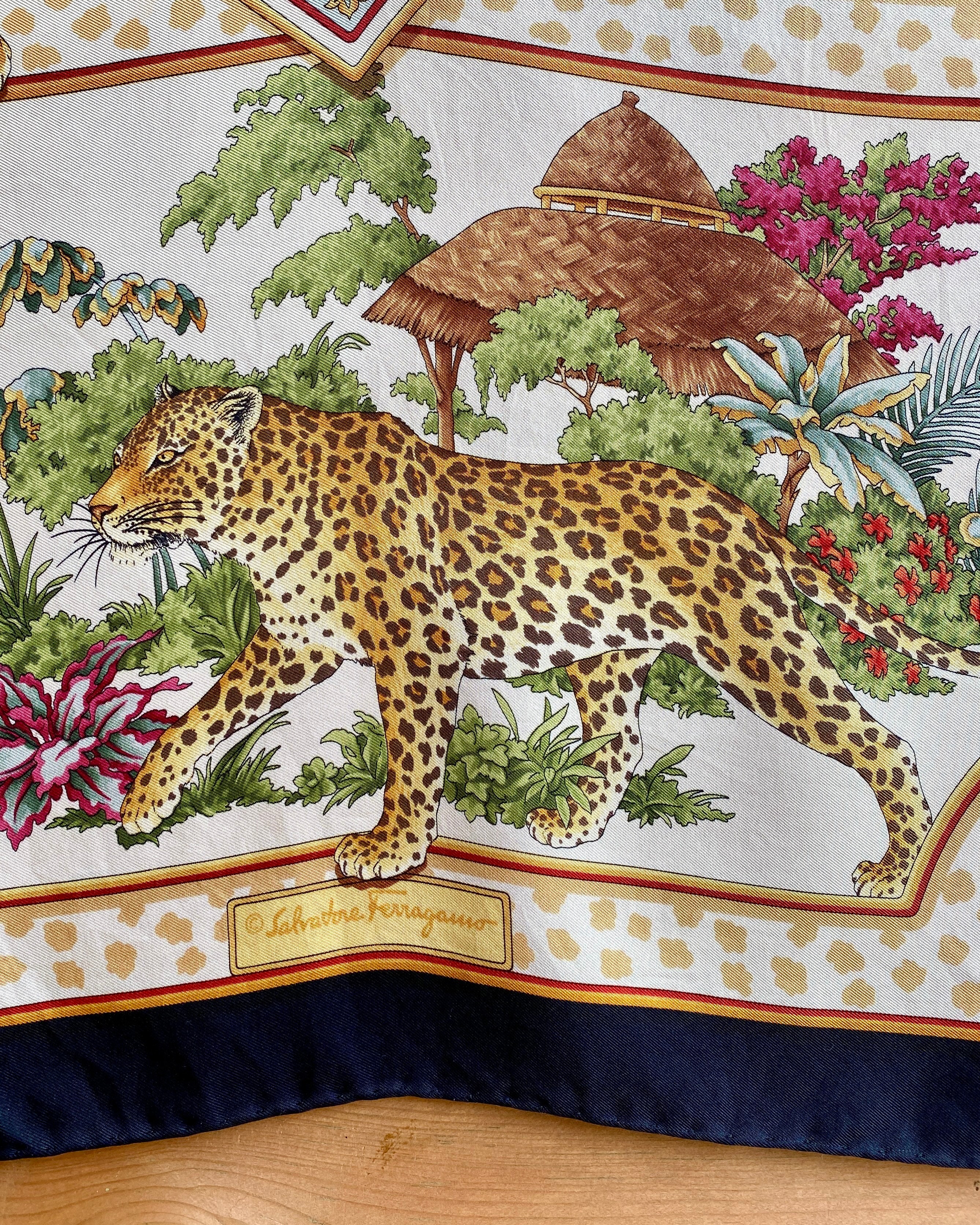 Vintage Salvatore Ferragamo Silk Twill Printed Wild Animal Cats Carre Scarf Shawl 34X34