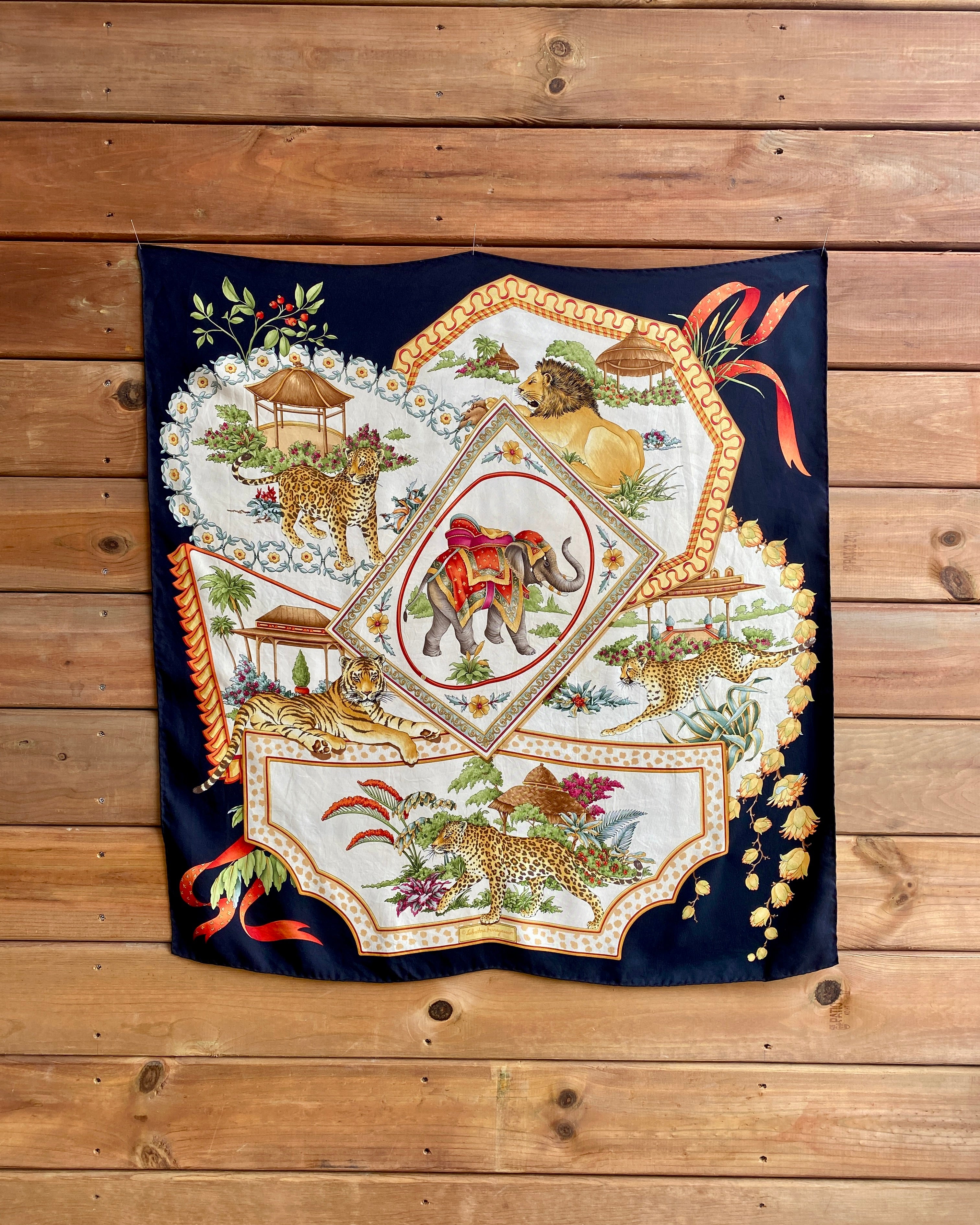 Vintage Salvatore Ferragamo Silk Twill Printed Wild Animal Cats Carre Scarf Shawl 34X34