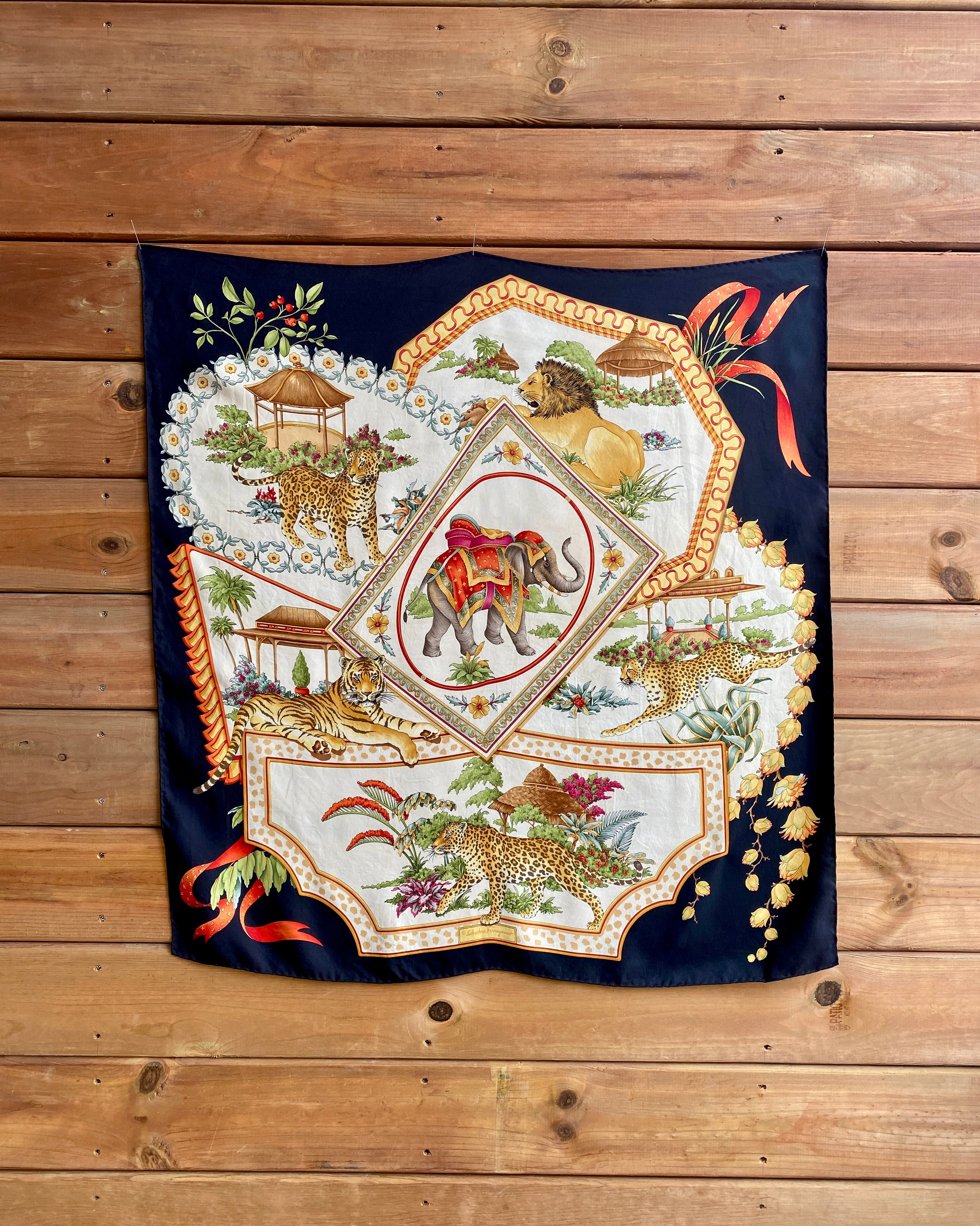 Vintage Salvatore Ferragamo Silk Twill Printed Wild Animal Cats Scarf Shawl 34X34