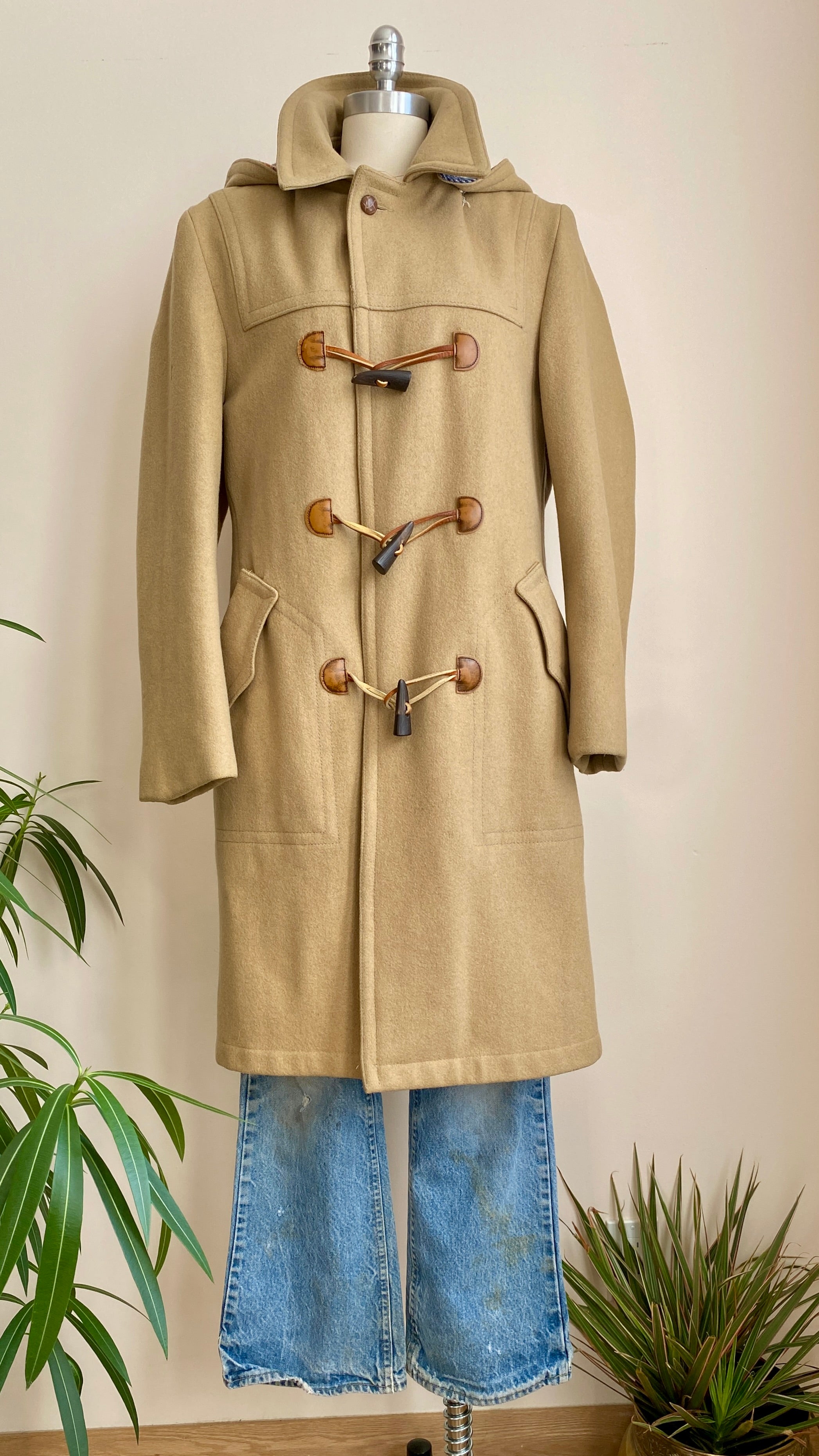 Vintage 1970s CROYDON Wool Tan Beige Duffle Coat With Toggles and Detachable Hood M