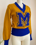 Vintage 1960s BUREAN HOLLOWAY Yellow and Blue Wool Varsity College Cheerleading VNeck Sweater S M 36 Made in USA