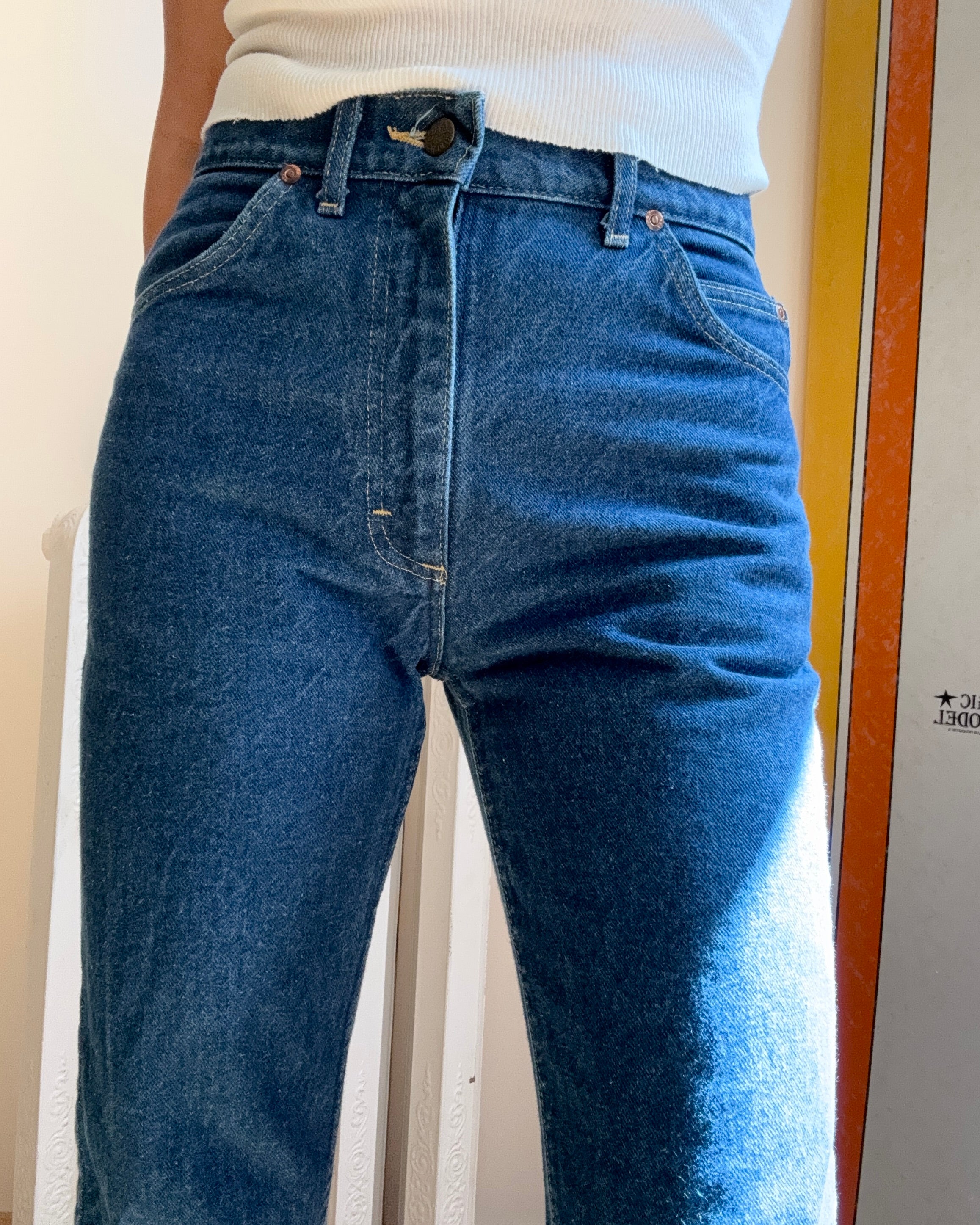 Vintage 70s 80s Lee Riders High Waist Straight Leg Dark Medium Wash Size 29 to 30 Union Made in USA