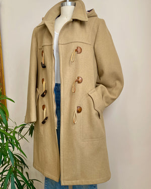 Vintage 1970s CROYDON Wool Tan Beige Duffle Coat With Toggles and Detachable Hood M