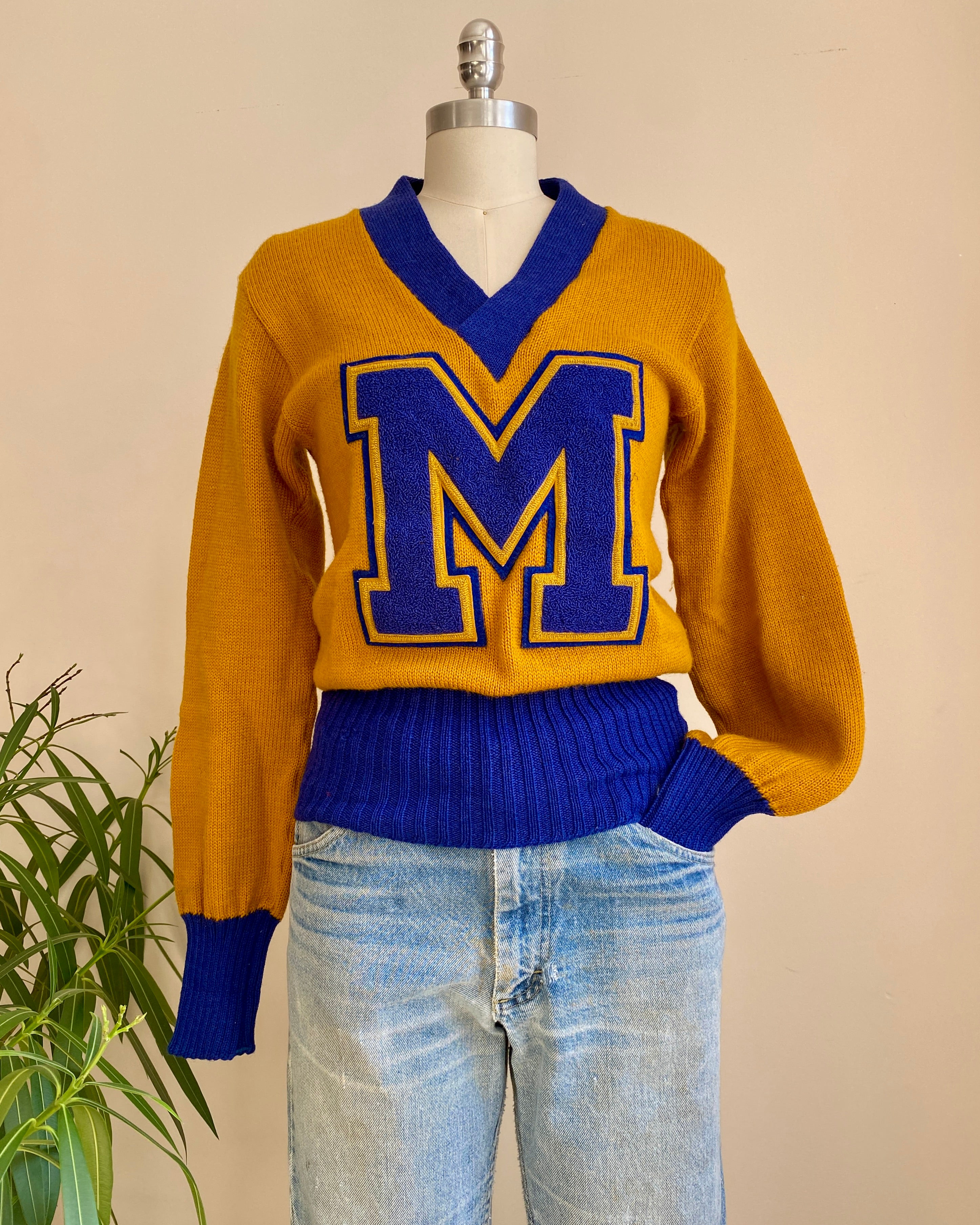Vintage 1960s BUREAN HOLLOWAY Yellow and Blue Wool Varsity College Cheerleading VNeck Sweater S M 36 Made in USA