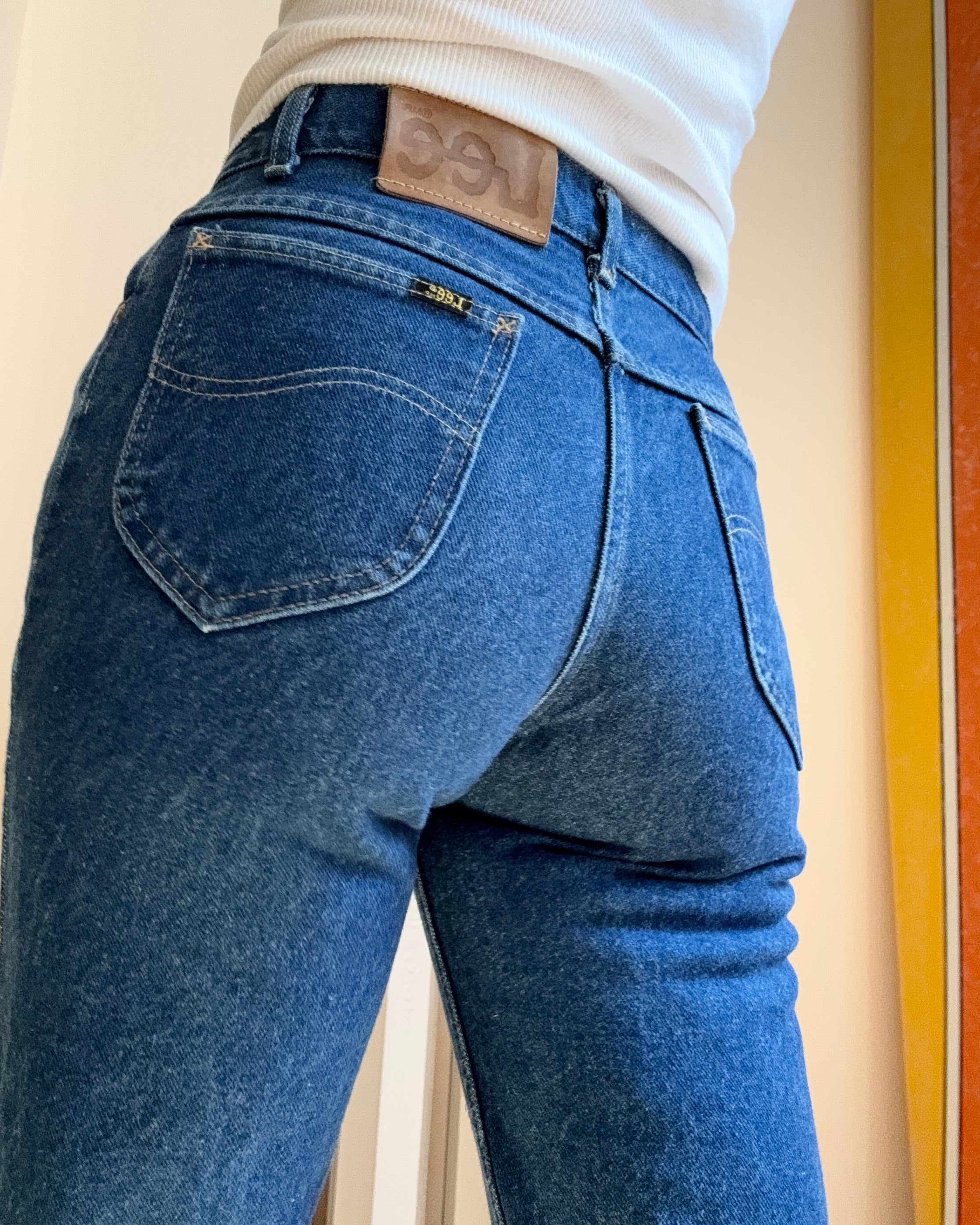 Vintage 70s 80s Lee Riders High Waist Straight Leg Dark Medium Wash Size 29 to 30 Union Made in USA