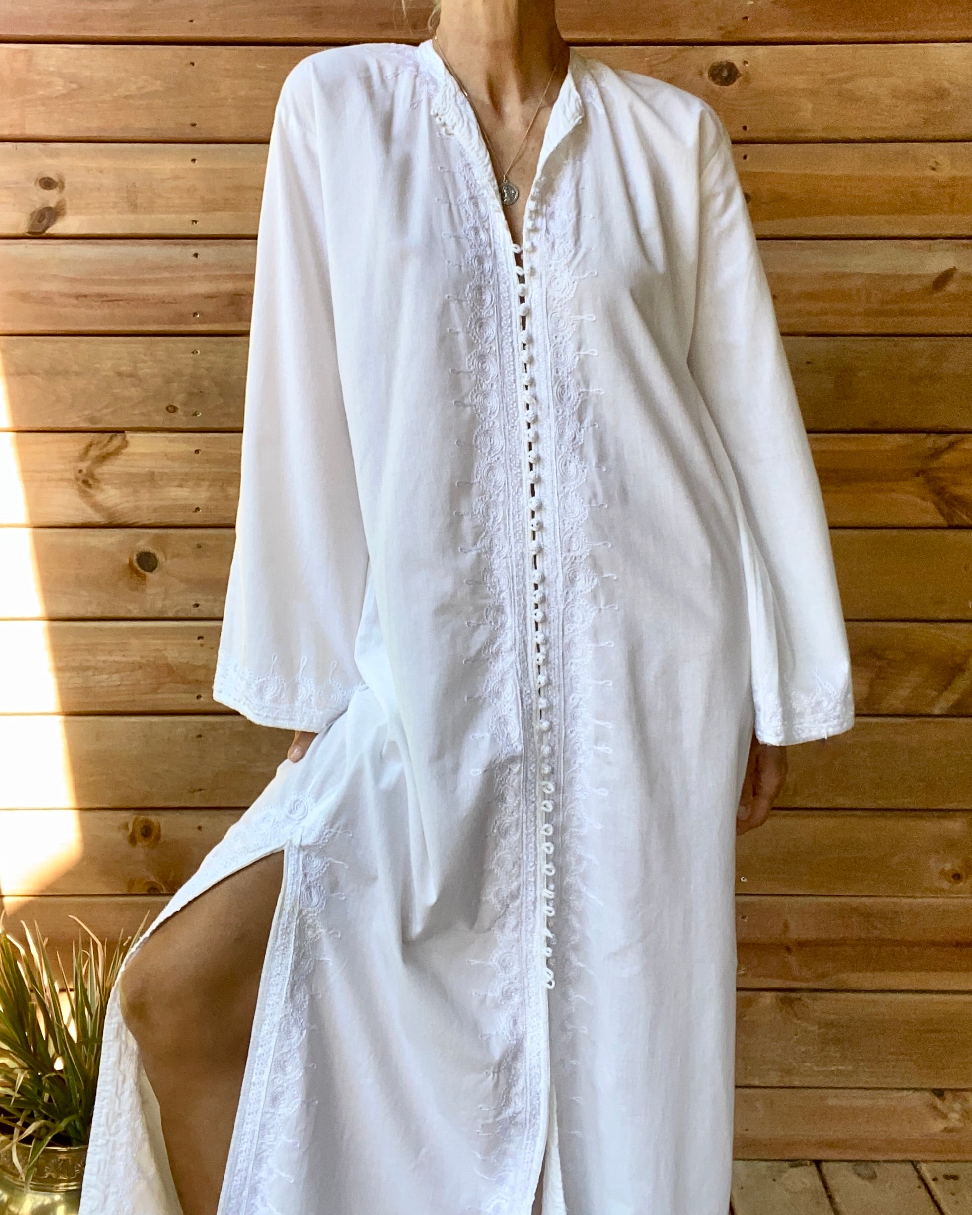 Vintage White Cotton Long Bedouin Caftan Night Shirt Dress with Embroidery and Bell Sleeves M or L