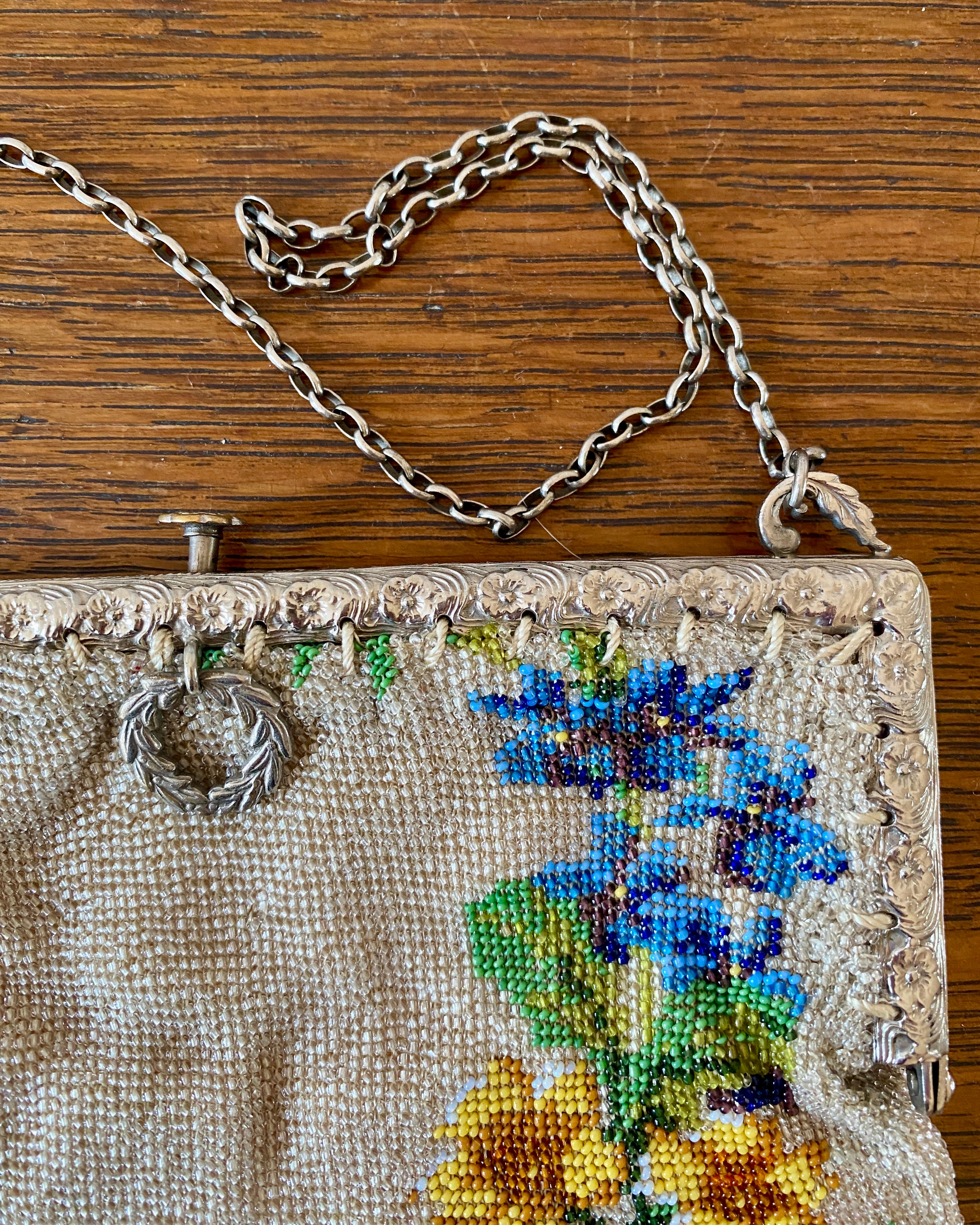 Antique 1900 Wreath Floral Micro Beaded Purse Handbag with Tassels