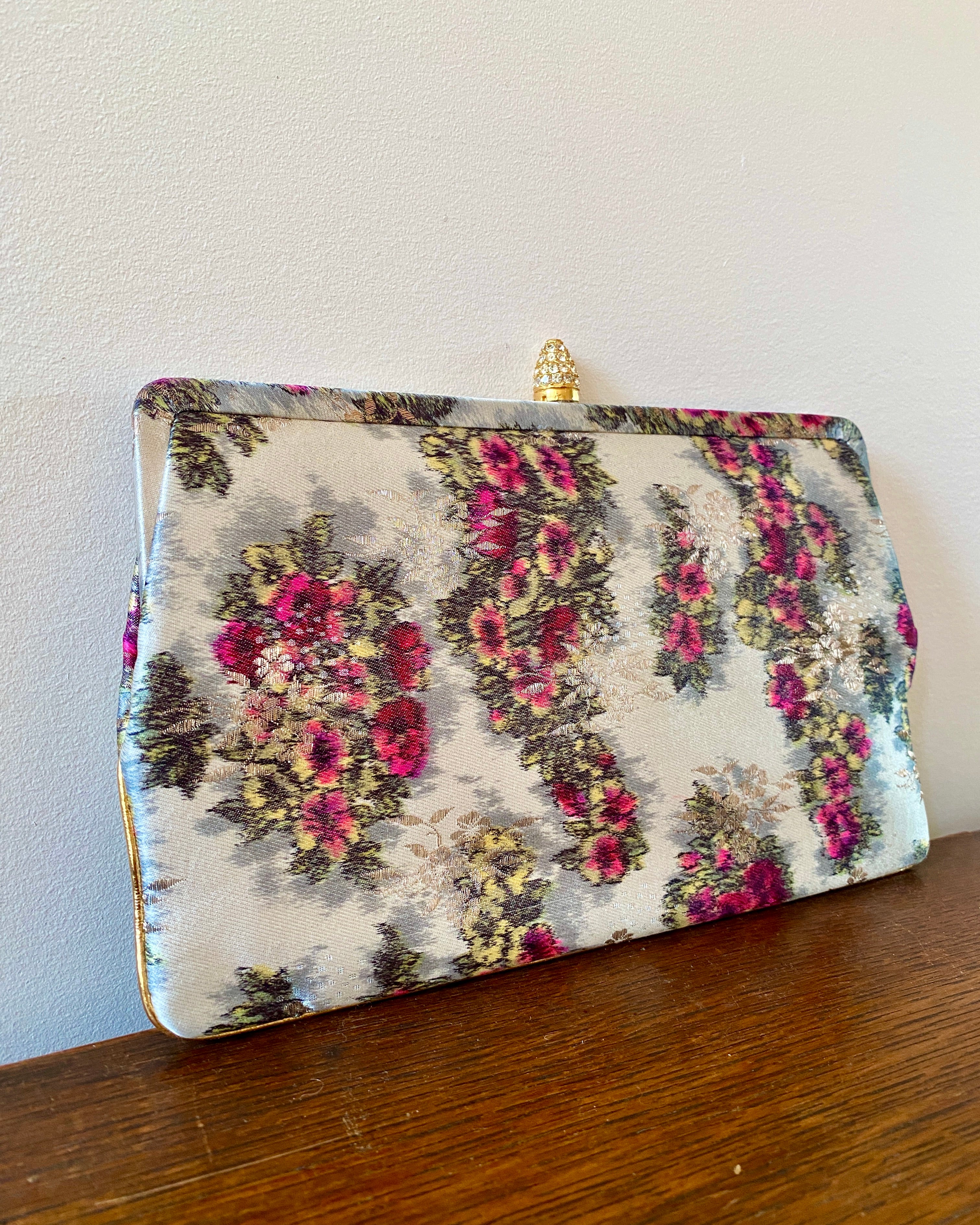 Vintage 1950s WALDMAN Floral Damask Silk Clutch Bag