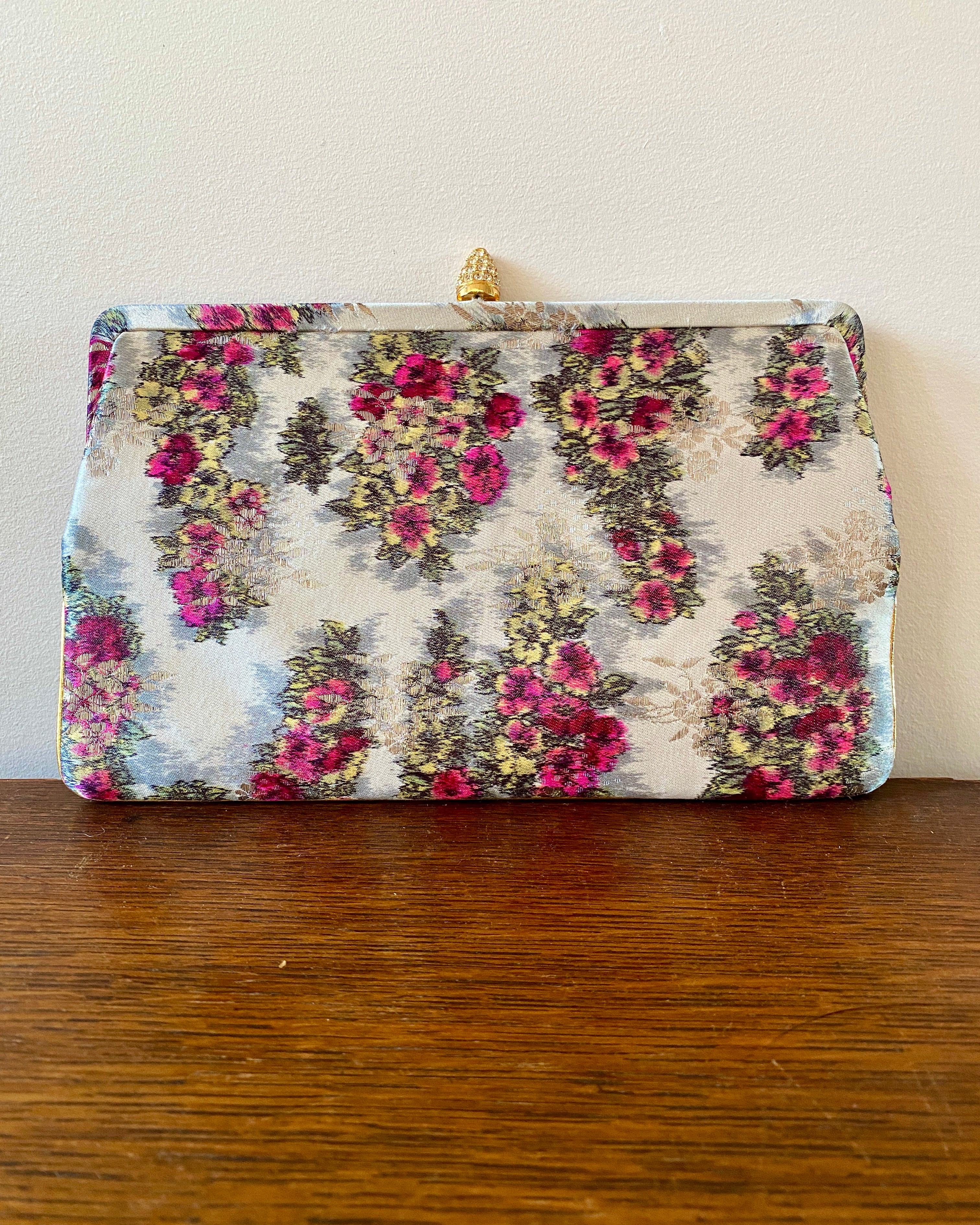 Vintage 1950s WALDMAN Floral Damask Silk Clutch Bag