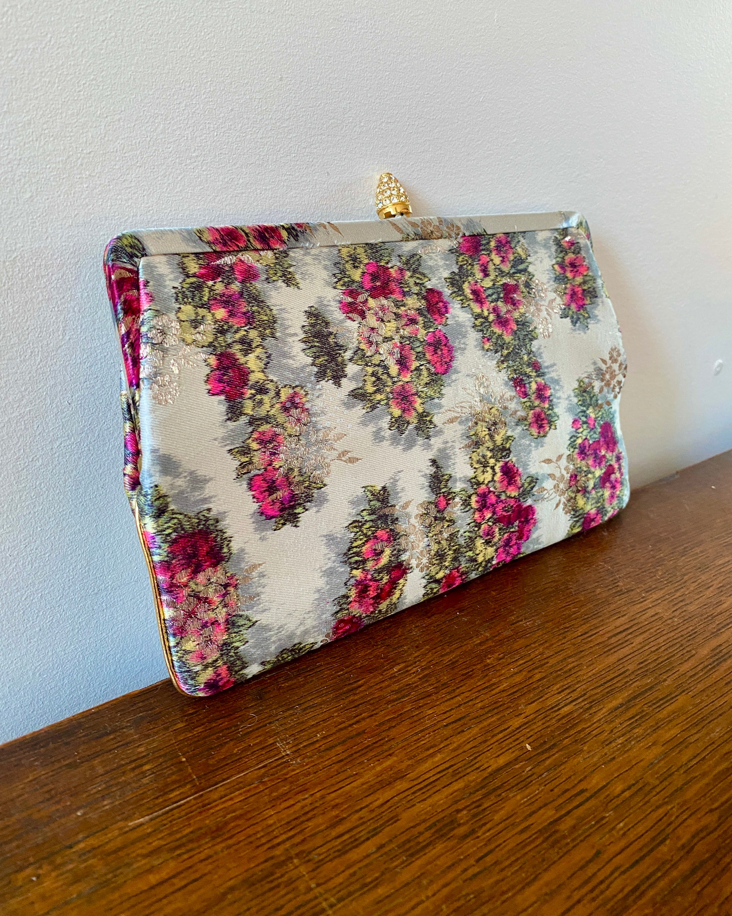 Vintage 1950s WALDMAN Floral Damask Silk Clutch Bag