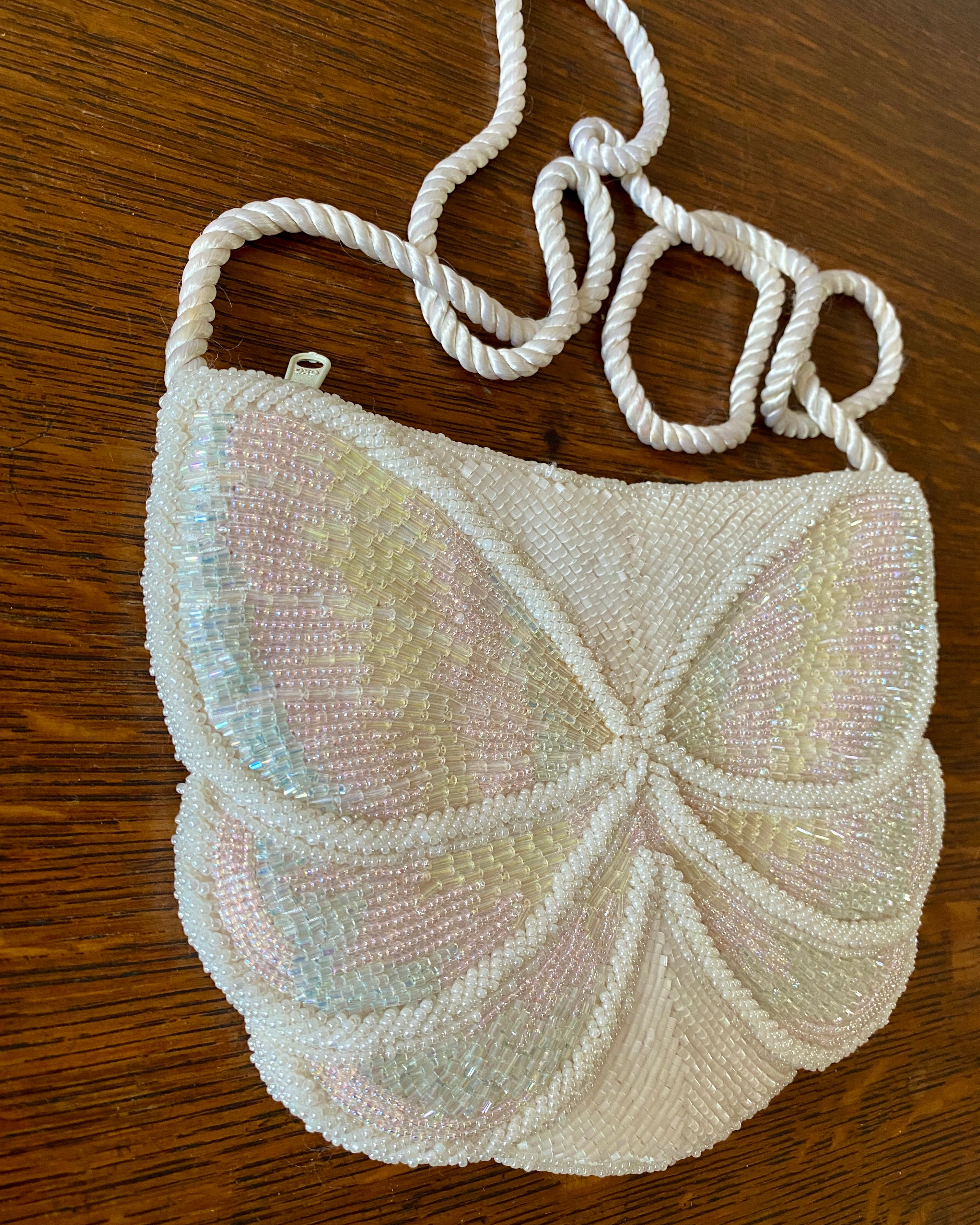 Vintage 1980s White Butterfly Iridescent Beaded Bag Purse with Top Strap