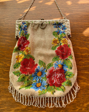 Antique 1900 Wreath Floral Micro Beaded Purse Handbag with Tassels