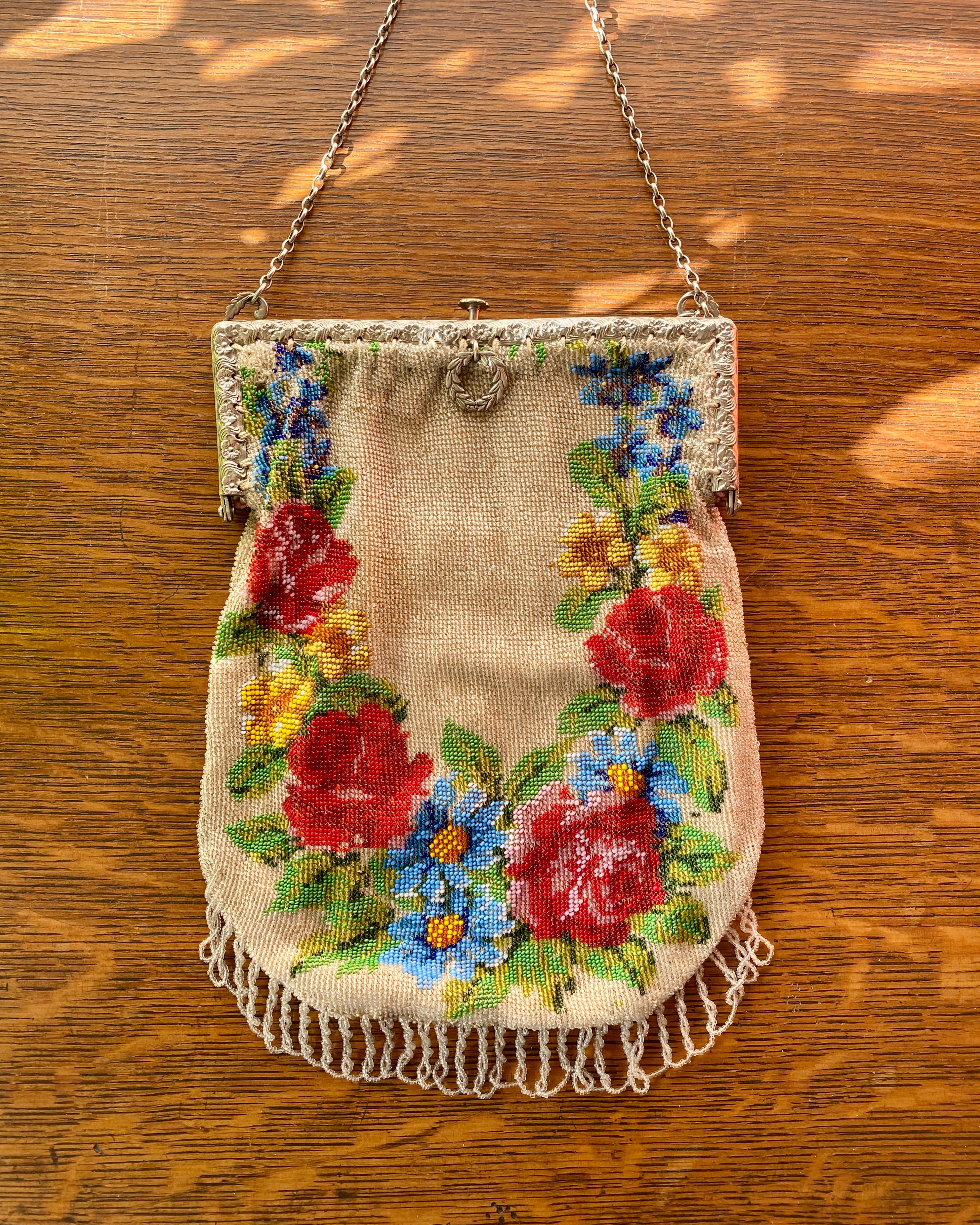 Antique 1900 Wreath Floral Micro Beaded Purse Handbag with Tassels