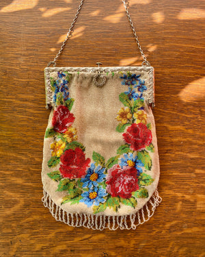 Antique 1900 Wreath Floral Micro Beaded Purse Handbag with Tassels