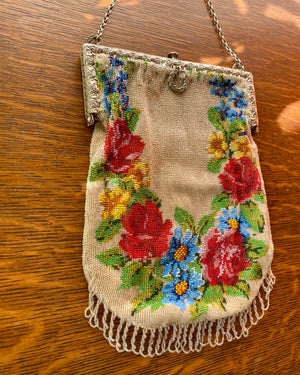 Antique 1900 Wreath Floral Micro Beaded Purse Handbag with Tassels