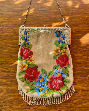 Antique 1900 Wreath Floral Micro Beaded Purse Handbag with Tassels