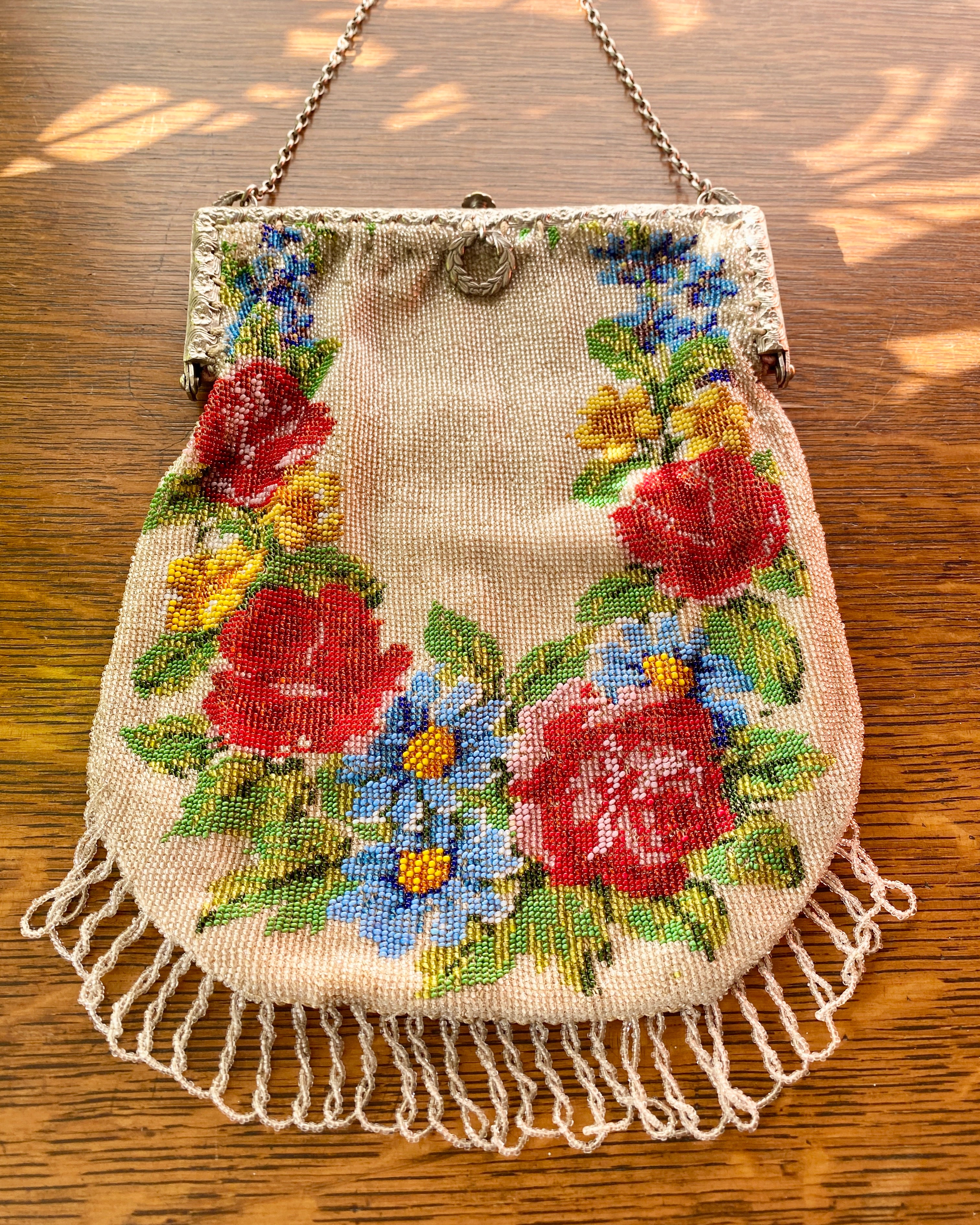 Antique 1900 Wreath Floral Micro Beaded Purse Handbag with Tassels