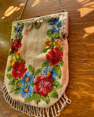 Antique 1900 Wreath Floral Micro Beaded Purse Handbag with Tassels