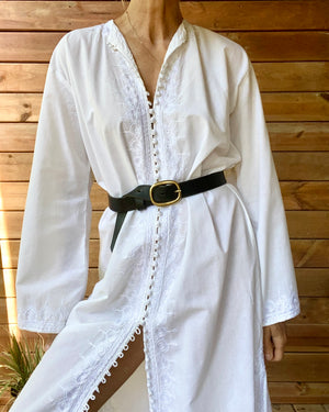 Vintage White Cotton Long Bedouin Caftan Night Shirt Dress with Embroidery and Bell Sleeves M or L
