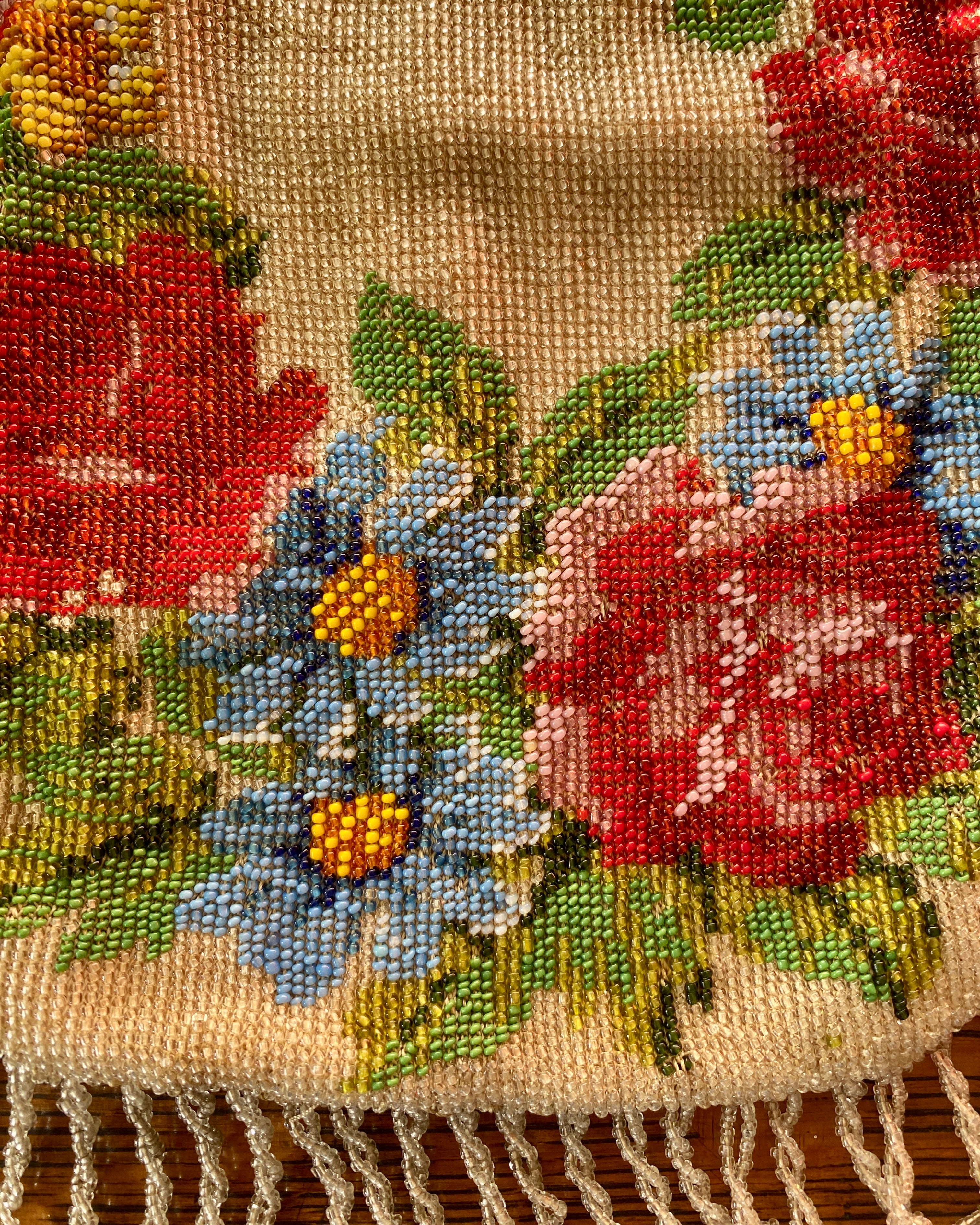 Antique 1900 Wreath Floral Micro Beaded Purse Handbag with Tassels