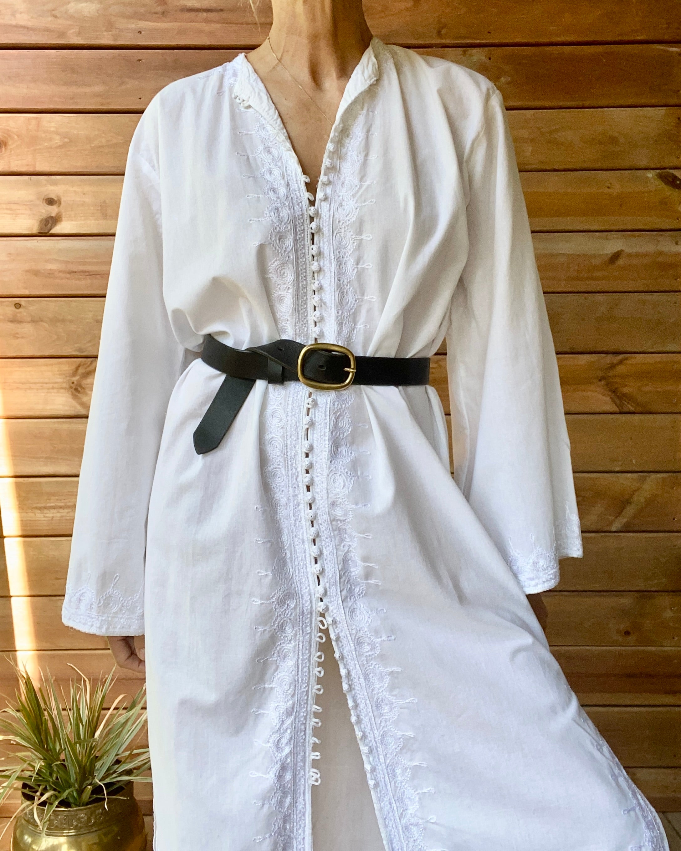 Vintage White Cotton Long Bedouin Caftan Night Shirt Dress with Embroidery and Bell Sleeves M or L