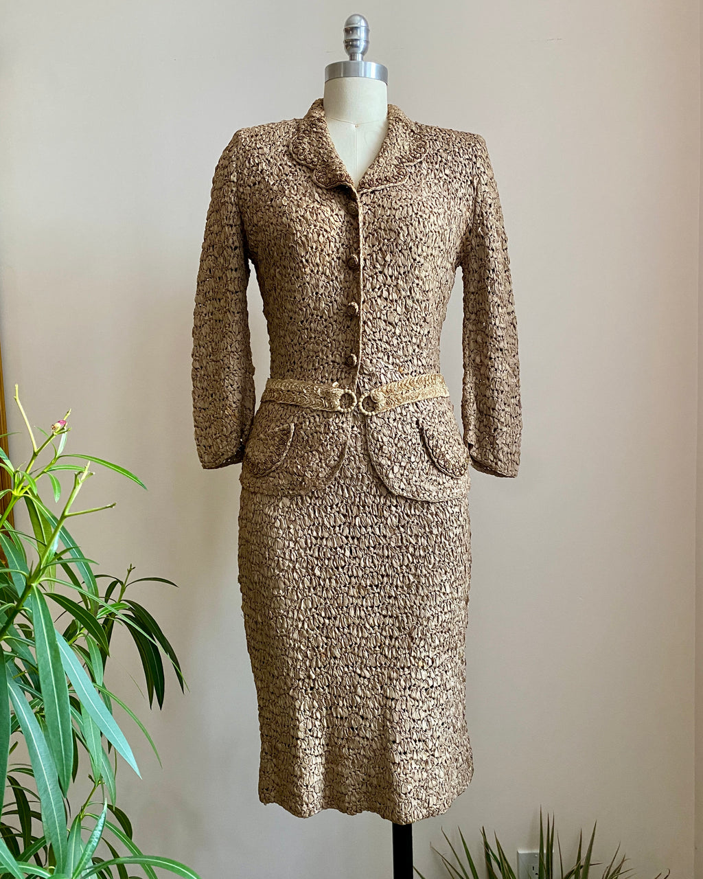 Vintage 1940s Saks Fifth Avenue Knit Suit: Ribbon Crochet, Beaded Blazer & Skirt (Size 2/4) Made in USA