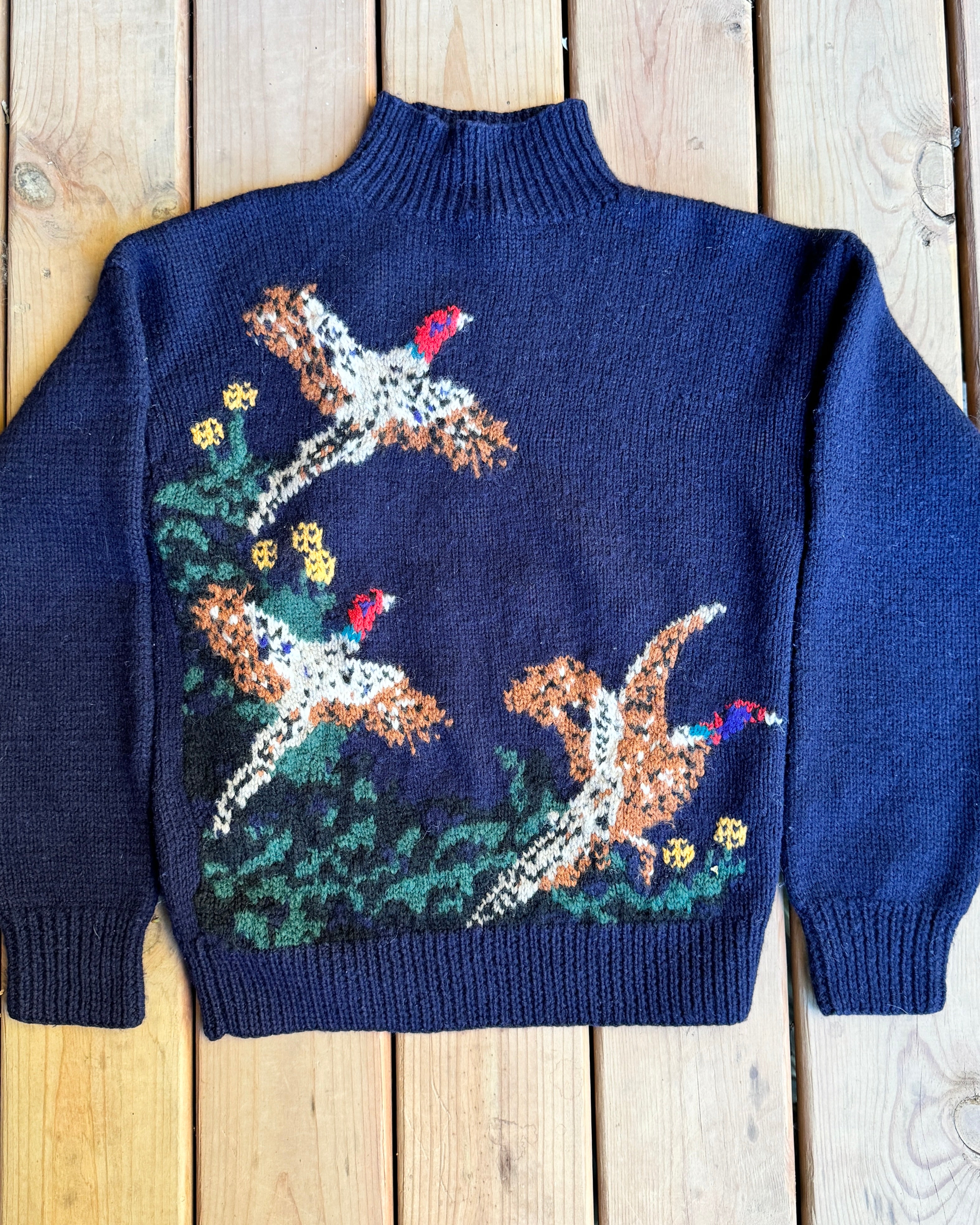 VINTAGE 1990s RUFF HEWN Navy Wool Pheasant Birds Mock Neck Sweater Jumper Pullover M