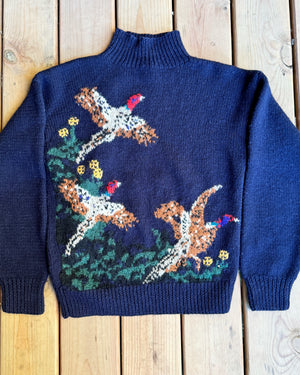 VINTAGE 1990s RUFF HEWN Navy Wool Pheasant Birds Mock Neck Sweater Jumper Pullover M