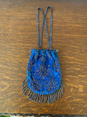 Antique 1910-1914 Edwardian Art Nouveau Teal Velvet Bag with Chrysanthemum Steel Cut Beads and Loop Fringe
