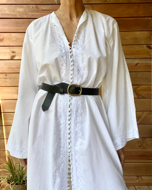 Vintage White Cotton Long Bedouin Caftan Night Shirt Dress with Embroidery and Bell Sleeves M or L