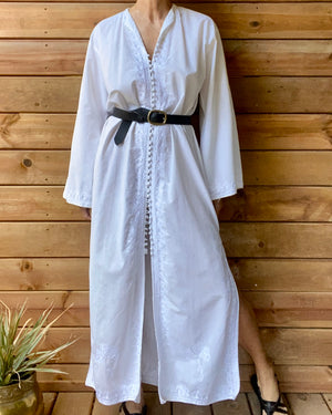 Vintage White Cotton Long Bedouin Caftan Night Shirt Dress with Embroidery and Bell Sleeves M or L