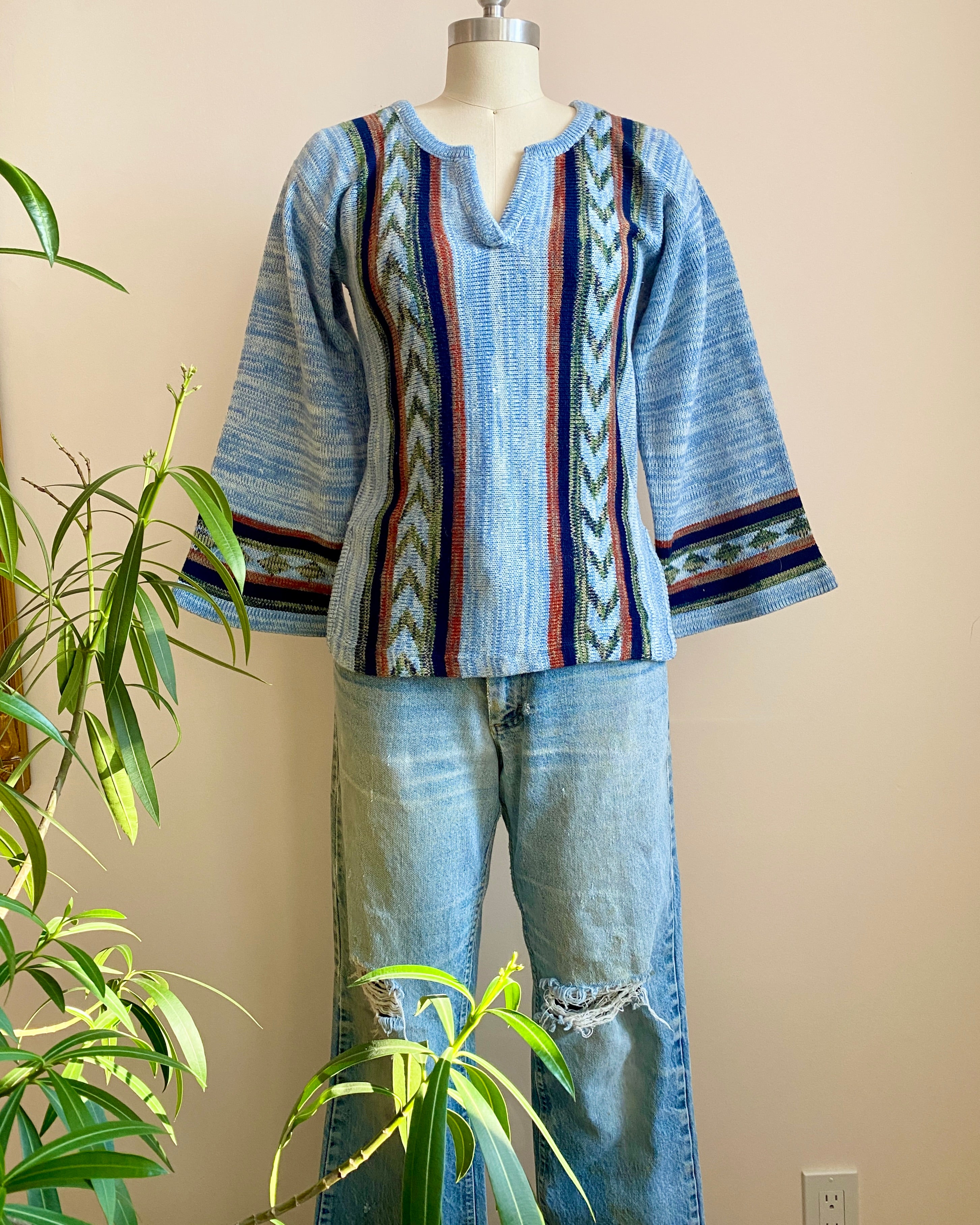 Vintage ALBEE 1970s Blue Surfer Hippie Space Dye Sweater with Bell Sleeves S XS