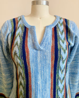 Vintage ALBEE 1970s Blue Surfer Hippie Space Dye Sweater with Bell Sleeves S XS