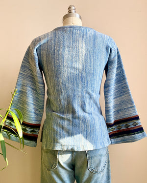 Vintage ALBEE 1970s Blue Surfer Hippie Space Dye Sweater with Bell Sleeves S XS