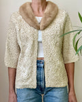 Vintage 1950s Cream Ribbon Knit Crochet Stitched Floral with Brown Mink Collar S M