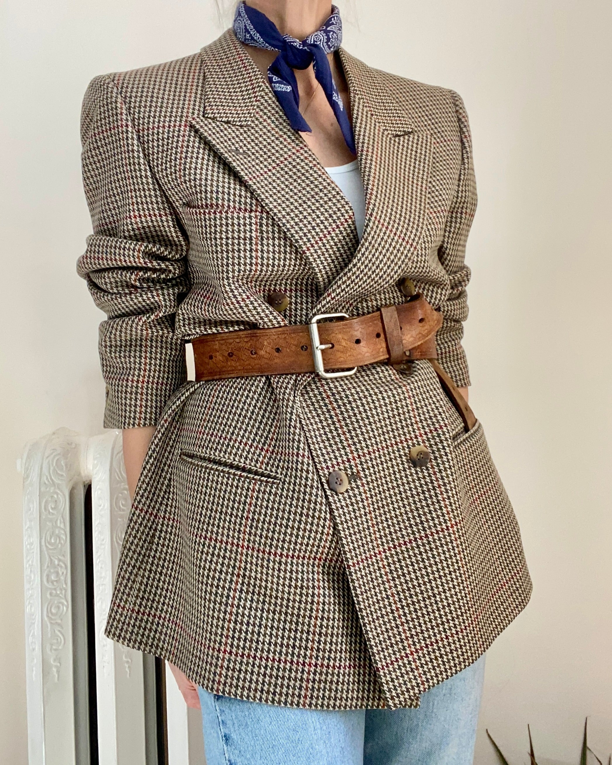 Vintage Double Breasted Brown and Green Wool Houndstooth Blazer L