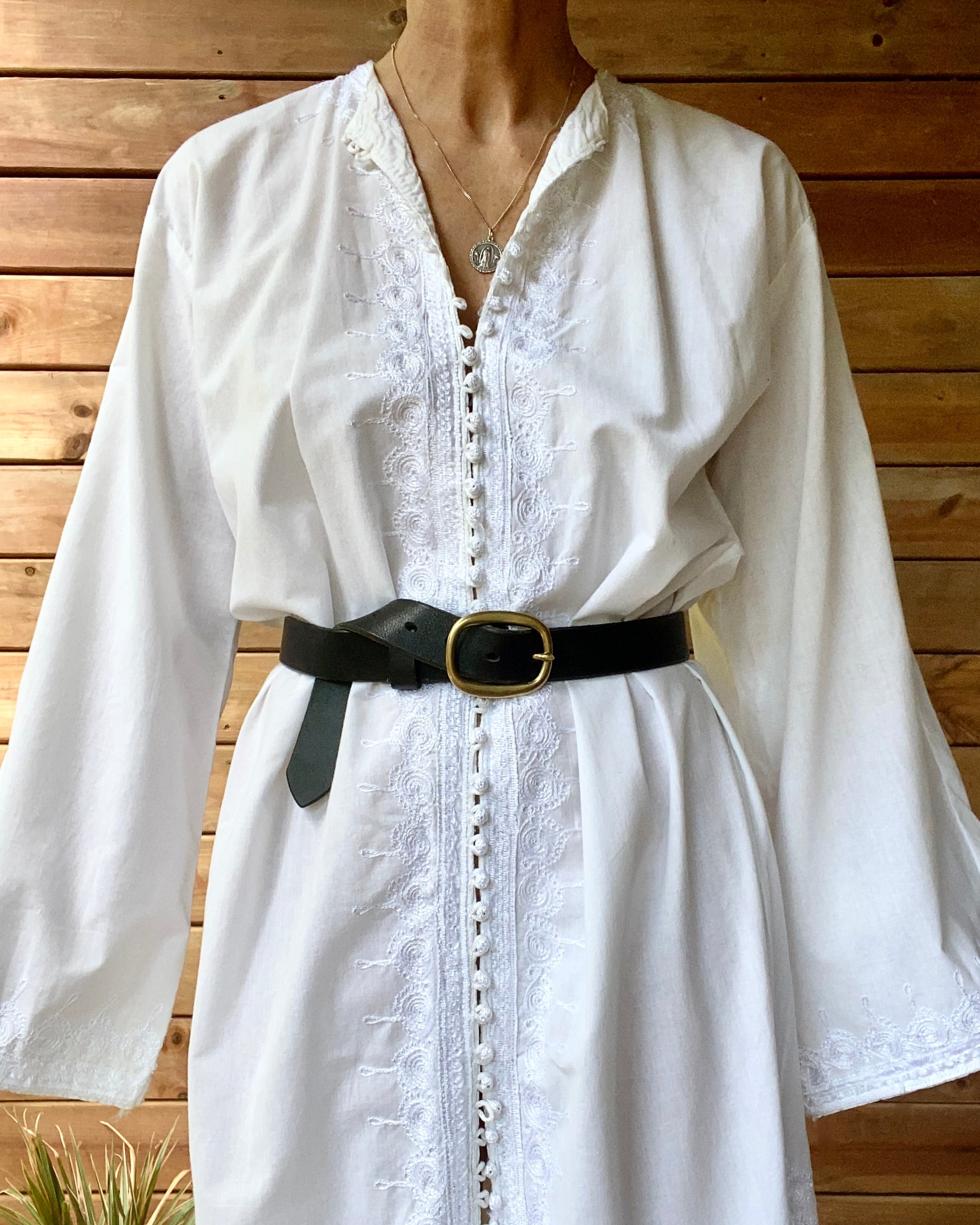 Vintage White Cotton Long Bedouin Caftan Night Shirt Dress with Embroidery and Bell Sleeves M or L