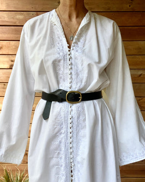 Vintage White Cotton Long Bedouin Caftan Night Shirt Dress with Embroidery and Bell Sleeves M or L